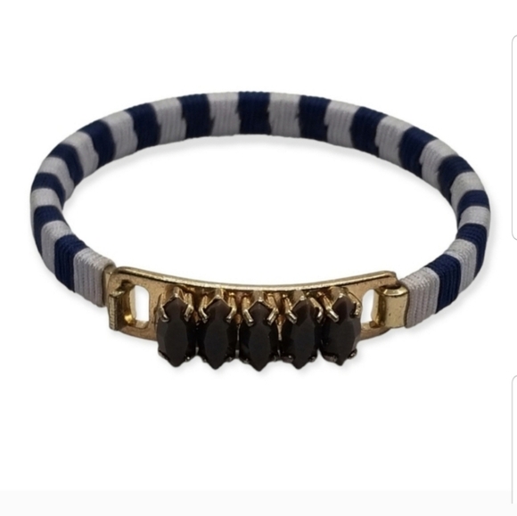 J.CREW VINTAGE BLUE & WHITE STRIPED & JEWEL DETAIL HINGED GOLDTONE BRACELET - Picture 4 of 7